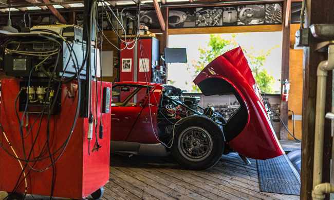 Classic car on dyno with hood up